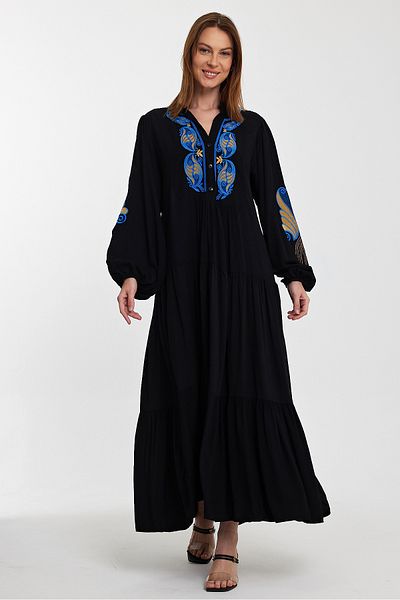 Denismoda Γυναικείο φόρεμα με γιακά δικαστή μπροστά και μανίκια με λεπτομέρεια κεντήματος μακρύ βισκόζη
