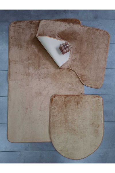 Bonny Home Σετ χαλιών μπάνιου 3 τεμαχίων Ultrasoft Plain Cappuccino με αντιολισθητικό δερμάτινο σετ καθισμάτων τουαλέτας που πλένεται