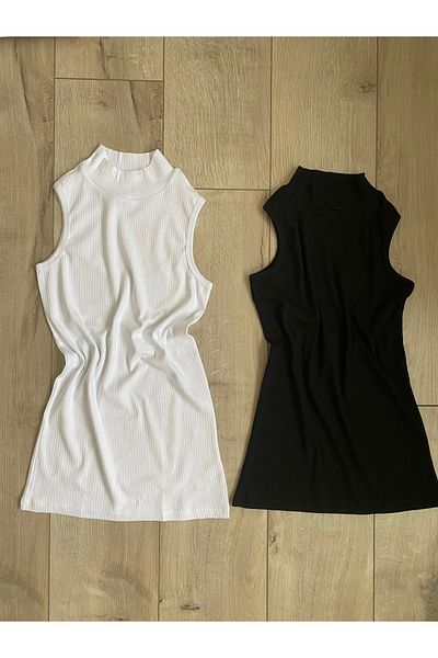 LEYNA BUTİK Women's Turtleneck Zero Sleeve Corded Bodysuit (1 Black and 1 White)