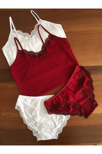 LEYNA BUTİK Women's Cotton Lycra Burgundy White Rope Strap Lace Undershirt and Panty Set 2 Pieces