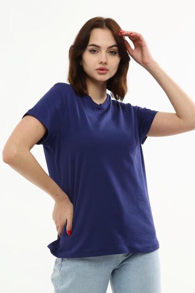 Miss Murem Round Neck Basic T-shirt-navy blue