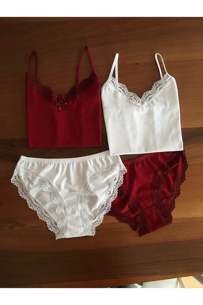 LEYNA BUTİK Women's Cotton Lycra Burgundy White Rope Strap Lace Undershirt and Panty Set 2 Pieces