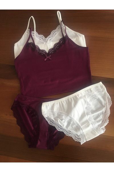 LEYNA BUTİK Women's Ecru Plum 2 Piece Thread Strap Athlete Panties Set