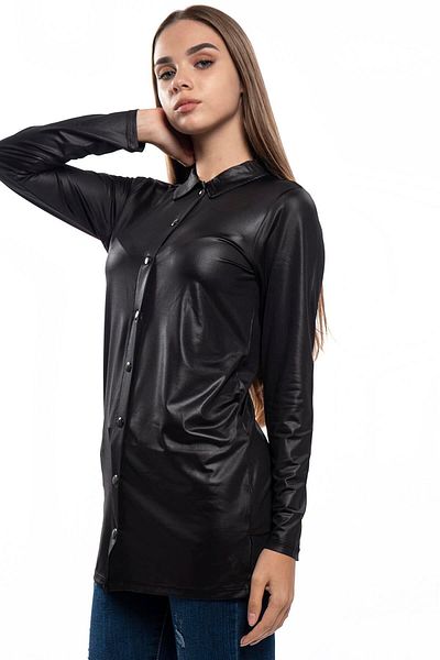 Miss Murem Snap Slit Leather Look Shirt Tunic-black