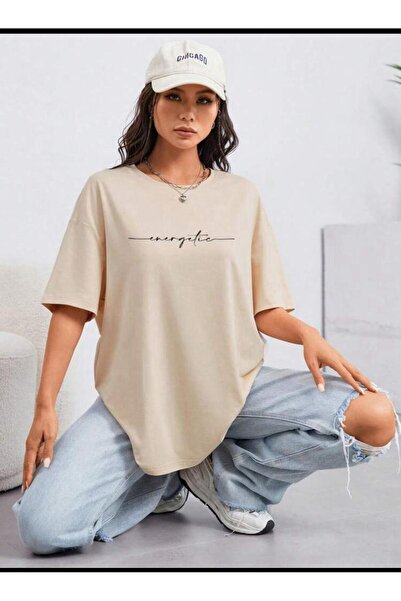 SELENA BUTİK Unisex Μπεζ Ενεργό Βαμβακερό Μπλουζάκι Oversize
