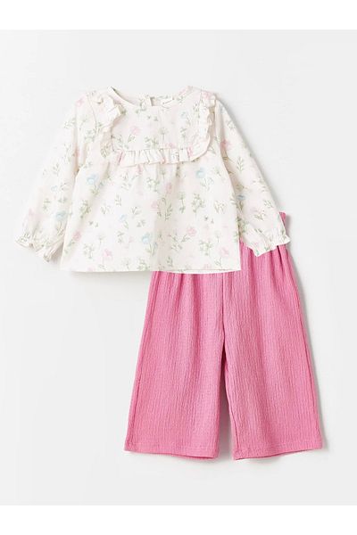 LC Waikiki KANZ Crew Neck Floral Patterned Baby Girl Blouse and Pants 2 Pieces Set