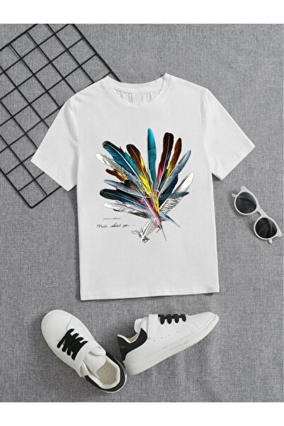 YUNAYT تي شيرت للأطفال مطبوع عليه ريش