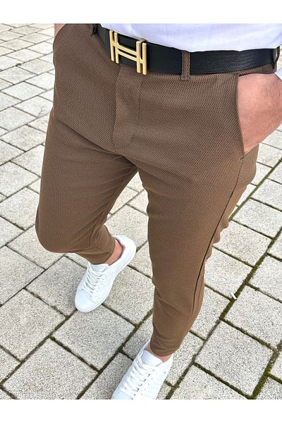 DOPPİO'N DENİM Ανδρικό λινό παντελόνι σε καφέ Slim Fit Flexible Lycra