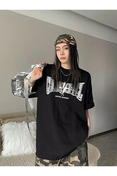 Touz Moda Y2k Μπροστινό και πίσω εμπριμέ μαύρο μπλουζάκι