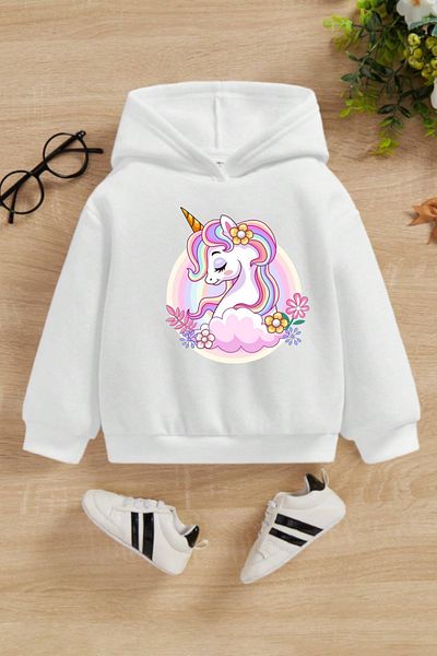 AEMİ Hanorac pentru copii cu glugă cu model unicorn - Fată, Imprimat Unicorn