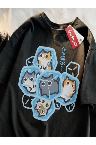 DEEFWEAR Y2k Cat in Ice Cube Printed Black Unisex Oversize T-shirt-mingalondon
