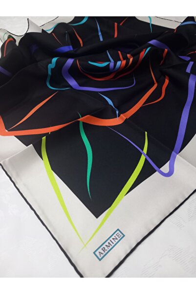 Armine Siyah Gül Desenli Tivil İpek Eşarp