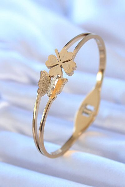 DORAMİRA Silvery Butterfly Clover Model Gold/Gold Color Women's Steel Cuff Br...