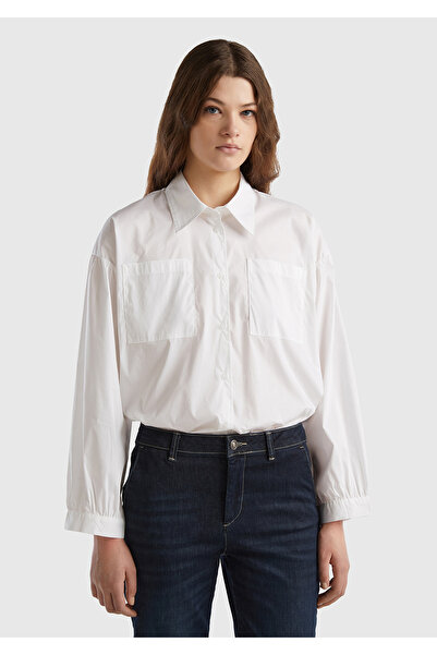 United Colors of Benetton Kadın Beyaz Streç Pamuklu İki Cepli Geniş Kesim Gömlek