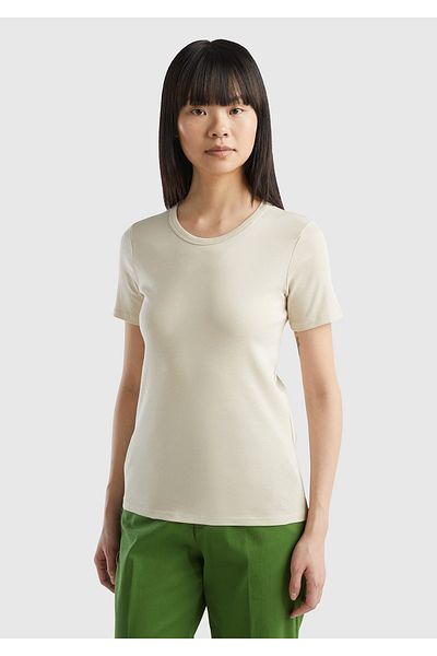United Colors of Benetton Beige Women's T-shirt - 100% Cotton, Short Sleeve, Crew Neck