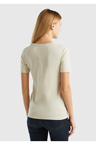 United Colors of Benetton Μπεζ Benetton Written 100% Koton Γυναικείο T-Shirt Basic