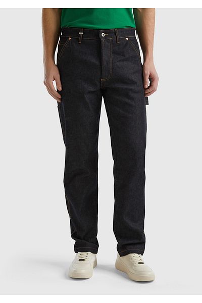 United Colors of Benetton Men's Navy Blue 7 Pocket Denim Cargo Pants with Logo Detail on the Back