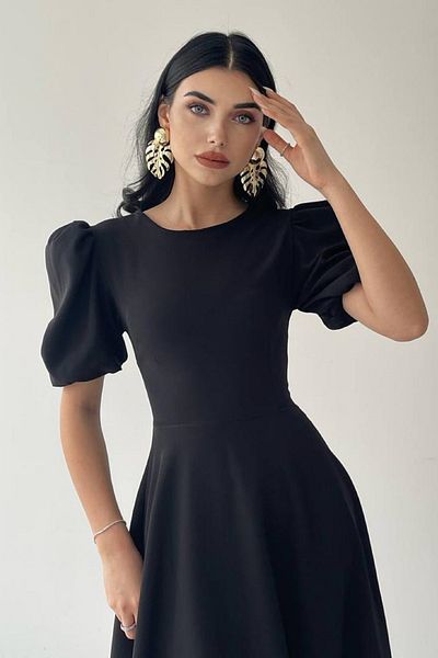 lovebox Damen-Abendkleid aus Atlas-Stoff mit Rundhalsausschnitt, Prinzessinnenärmeln, Midi-Schwarz, 220