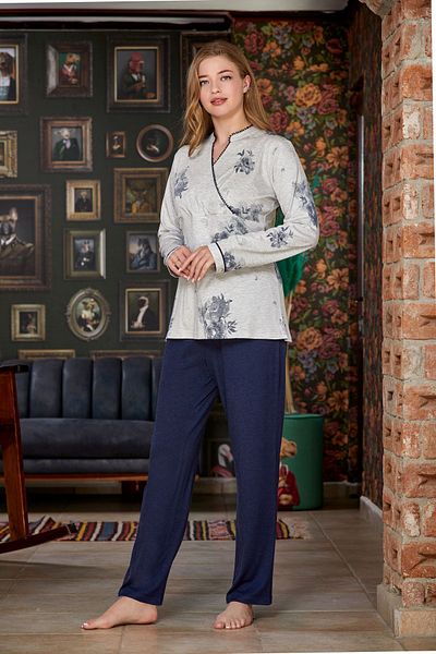 Cossy By Aqua 23028 Women's Long Sleeve Pajama Set-navy blue