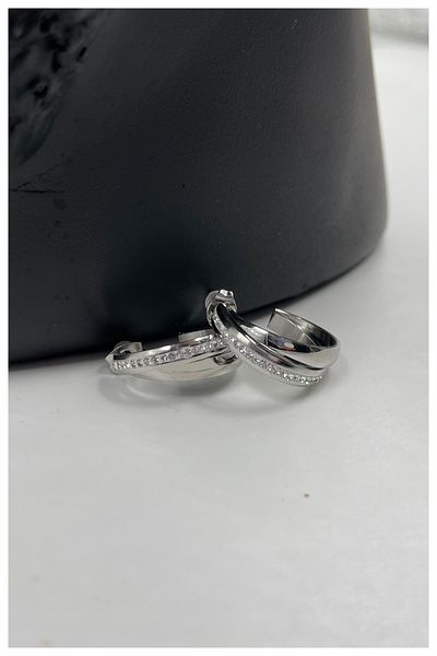 Manken İstanbul Women's Silver 2-Piece Interlocking Stone Model Steel Earrings