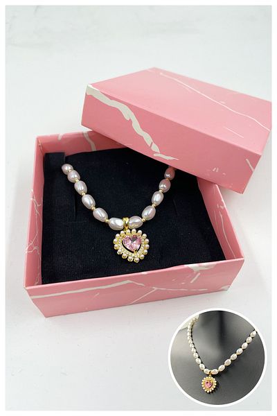 Manken İstanbul Pink Zircon Heart and Pearl Model Gold Plated Necklace