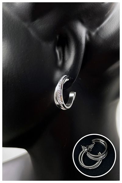 Manken İstanbul Women's Silver 2-Piece Interlocking Stone Model Steel Earrings