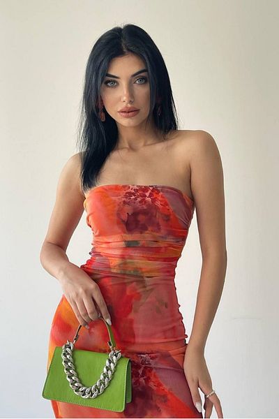 lovebox Damska tiulowa tkanina Druk cyfrowy Kołnierzyk bez ramiączek Pomarańczowa suknia wieczorowa Midi z podszewką we wzór tie-dye 221