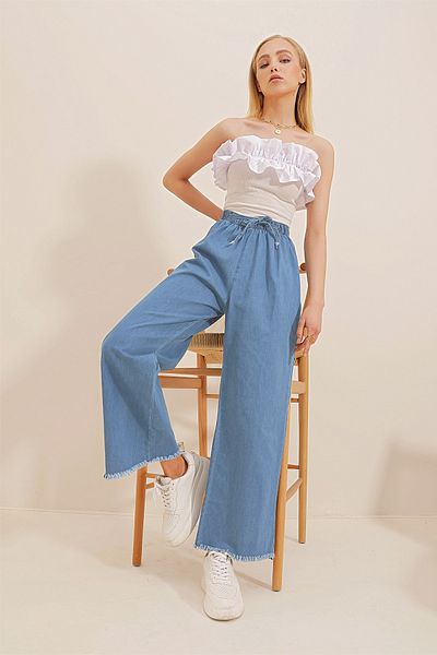 Trend Alaçatı Stili Dunkelblaue Palazzo-Jeanshose mit hoher Taille und Quasten für Damen ALC-X8930