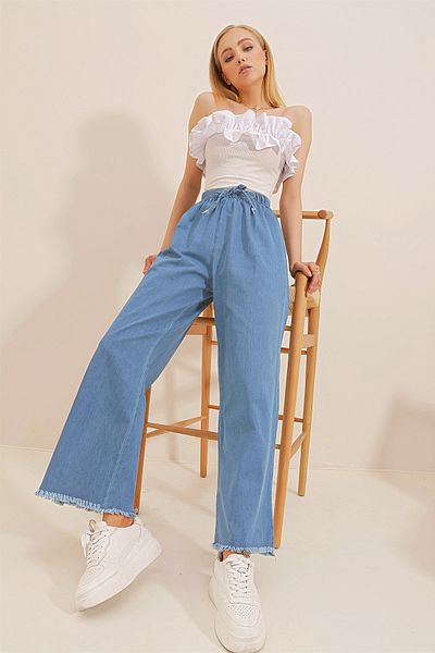 Trend Alaçatı Stili Dunkelblaue Palazzo-Jeanshose mit hoher Taille und Quasten für Damen ALC-X8930