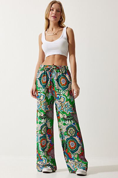 Happiness İstanbul Zelenooranžové vzorované viskózové dámské kalhoty Palazzo - EN00606