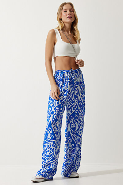 Happiness İstanbul Dámské modrobílé vzorované splývavé viskózové kalhoty Palazzo EN00606