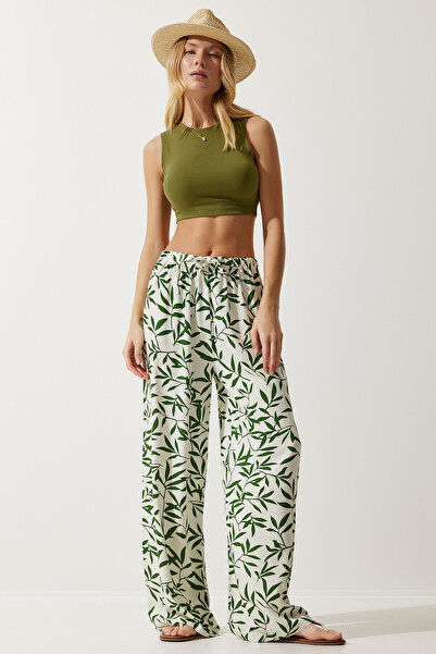 Happiness İstanbul Dámské Ecru zelené vzorované splývavé viskózové kalhoty Palazzo EN00606