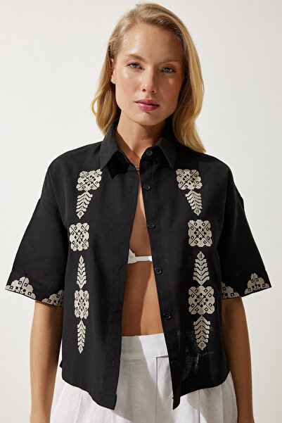 Happiness İstanbul Dámská černá vyšívaná krátká plátěná košile RG00009