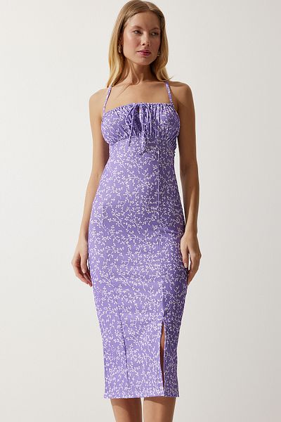 Happiness İstanbul Rochie tricotată de vară cu fantă florală, alb, liliac, vibrant, CI00029