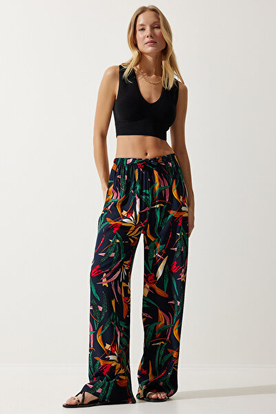 Happiness İstanbul Női sötétkék, sárga mintás, folyó viszkóz Palazzo nadrág EN00606