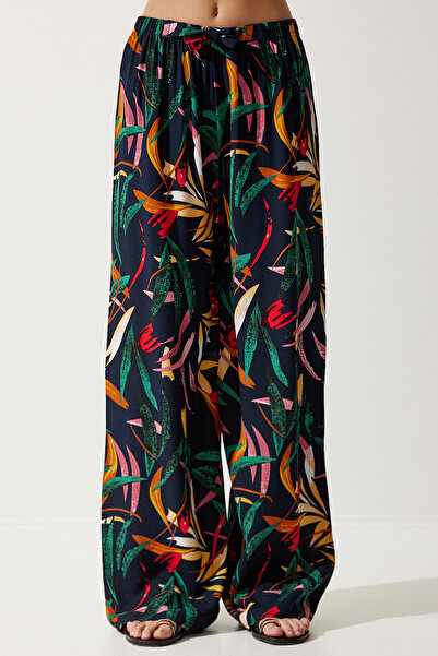 Happiness İstanbul Női sötétkék, sárga mintás, folyó viszkóz Palazzo nadrág EN00606