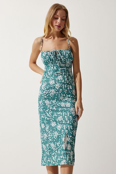 Happiness İstanbul Hellpetrolgrünes Sommer-Strickkleid mit Blumenmuster und Schlitz für Damen CI00029