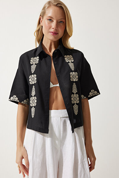 Happiness İstanbul Dámská černá vyšívaná krátká plátěná košile RG00009