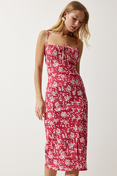 Happiness İstanbul Női rózsaszín és fehér virágos hasított nyári kötött ruha CI00029