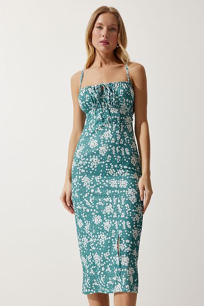 Happiness İstanbul Hellpetrolgrünes Sommer-Strickkleid mit Blumenmuster und Schlitz für Damen CI00029