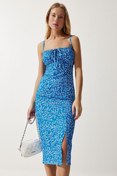 Happiness İstanbul Blau-weißes, geblümtes, geschlitztes Sommer-Strickkleid für Damen CI00029
