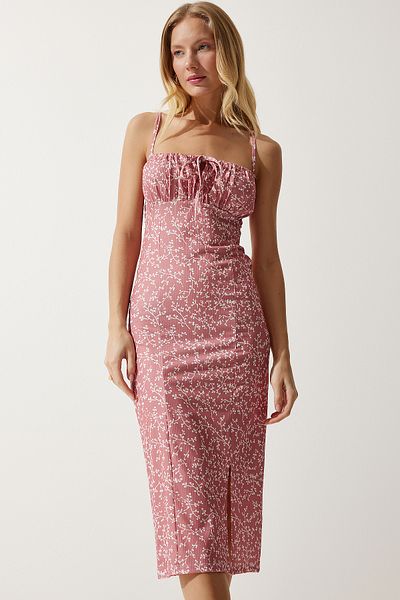 Happiness İstanbul Weißes Damen-Sommer-Strickkleid mit Blumenmuster und Schlitz und getrockneten Rosen CI00029