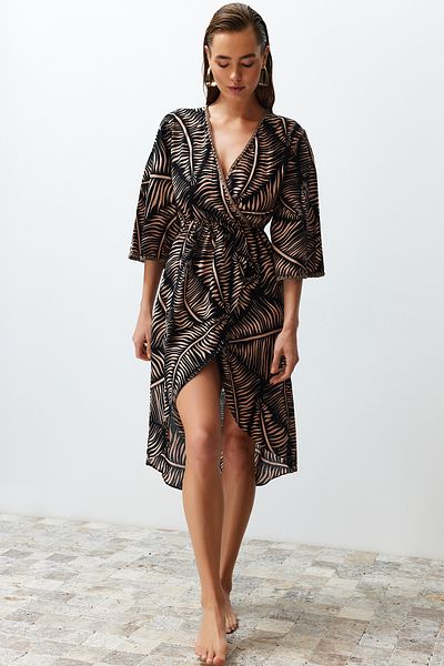 Trendyol Collection Plážové šaty z 100% bavlny s etnickým vzorem Midi Woven Flounces TBESS24EL00059