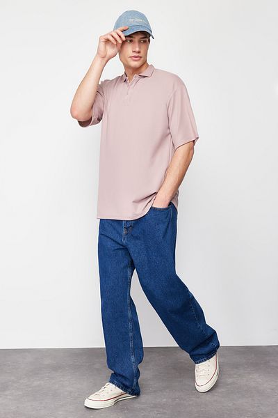 Trendyol Collection Tricou cu guler polo din țesătură solidă, supradimensionat/larg, cu trandafir praf premium TMNSS24PO00012