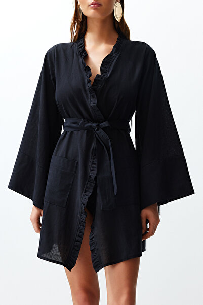 Trendyol Collection Black Belted Mini Woven Ruffle 100% Cotton Kimono&Kaftan TBESS24KM00036