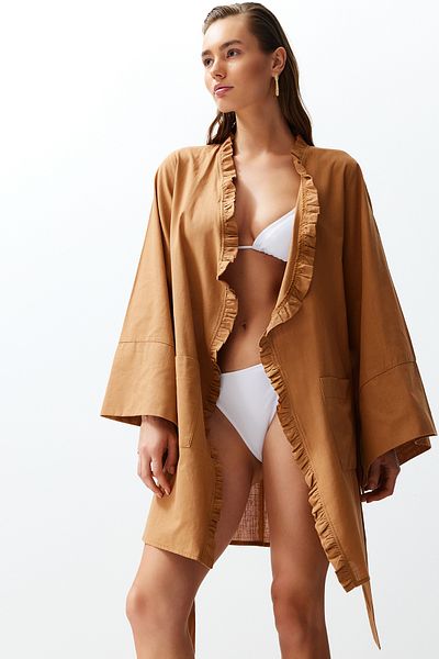 Trendyol Collection Brown Belted Mini Woven Ruffled 100% Cotton Kimono&Kaftan TBESS24KM00036