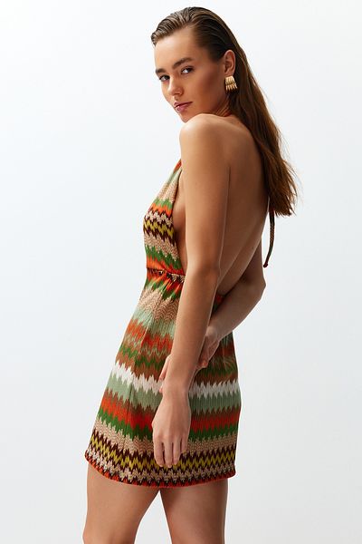 Trendyol Collection Μίνι πλεκτό φόρεμα με γεωμετρικό σχέδιο παραλίας TBESS24EL00000