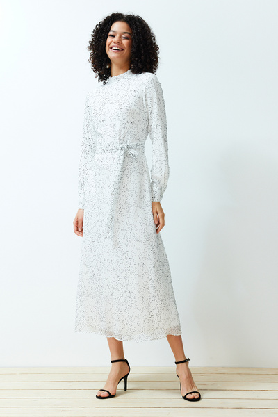 Trendyol Modest Λευκό Υφαντό Φόρεμα Ποιότητας Πουά TCTSS24EB00141