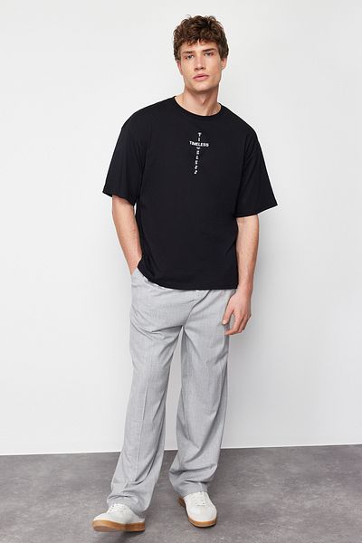 Trendyol Collection Fluffy Text Printed Μαύρο Oversize βαμβακερό μπλουζάκι - TNSS24TS00048