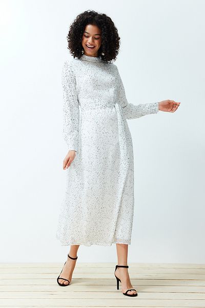 Trendyol Modest White Textured Quality Polka Dot Lined Woven Dress TCTSS24EB00141